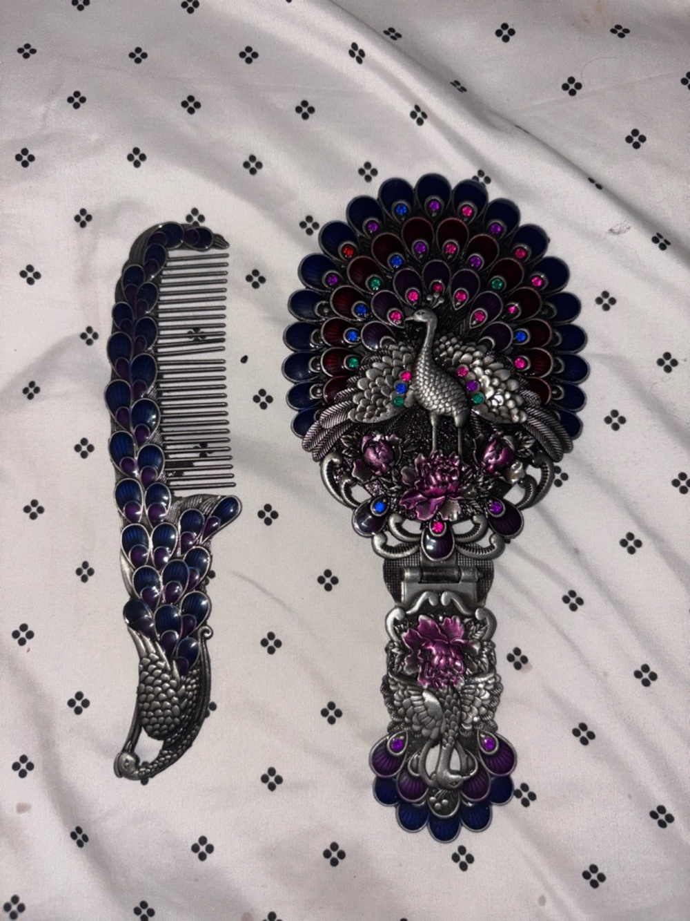 Ornate Peacock Hand Mirror and Comb Set - Purple, Blue & Pink Accents